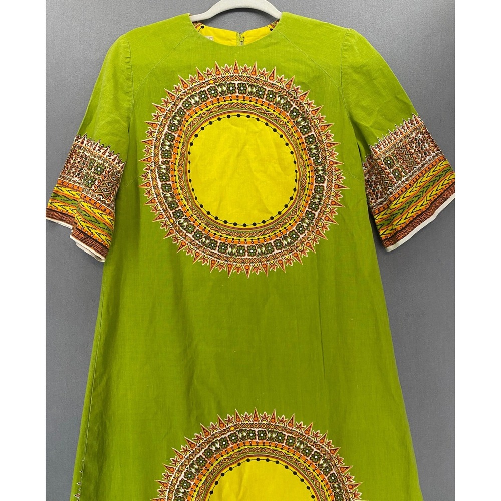 Handmade 1970s Vintage Dashiki Lime Green Sunburst Print Maxi Women's Small